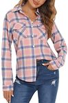 Yukiuiny Women's Flannel Plaid Shirt,Long Sleeve 100% Cotton Blouse,Button Down Casual Check Shirts Basic Tops-Pink Blue,L