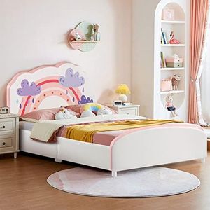 HONEY JOY Single Bed Frames for Kids, Wood Upholstered Twin Bed Platform with Slat Support, Padded Headboard & Footboard, Girls & Boys Bed for Over 3 Years Old, Fits Standard Twin Mattress (Cloud)