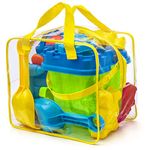 Prextex 12 Piece Beach Toy Sand Toys Set in Reusable Zippered Bag for Easy Clean and Store, Bucket with Sifter, Spade, Rake, Watering Can, Animal and Castle Sand Molds, Assorted Colours