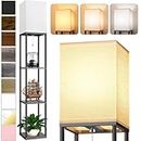 Floor Lamp with Shelves for Living Room, Shelf Floor Lamp with 3 CCT LED Bulb, Corner Display Standing Column Lamp Etagere Organizer Tower Nightstand with White Linen Shade for Bedroom, Office