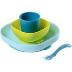 BEABA Silicone Meal Set for Baby/Toddler, Blue, 4 pcs (Plate, Bowl, Cup and Spoon)