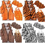 36 Pcs Jungle Safari Party Dress, Kids Animal Print Vest Jungle Animal Costume with 12 Vest, 12 Hat and 12 Tote Bags for Kids Zoo Animal Themed Pretend Play Dress Party Supplies