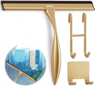 14 Inch Shower Door Squeegee - Gold Squeegee for Shower Glass with Stainless Steel Body, Silicone Blade, Adhesive & Hanging Hooks for Streak-Free Mirror, Tile, Window, Bathroom, Car, Everyday Home Use