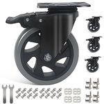 IQWTU 125MM Heavy Duty Castor Wheels 4 Furniture Castors with Brakes, Double Bearing Rubber Swivel Castor PU Trolley Wheels, Industrial Plate Casters Capacity 800KG