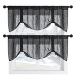 Home Queen Adjustable Burlap Tie Up Valances, Semi Sheer Faux Linen Balloon Valences for Office and Living Room, Set of 2, 54" W X 20" L, Black