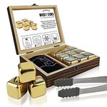 FLOW Barware Whisky Stones Gift Set | 9 Stainless Steel Whisky Stones | Whiskey Stone Gift for Dad | Whiskey Stone Gift Set with Wooden Box | Whiskey Stone with Storage Pouch | Gold