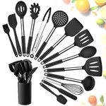 Kitchen Utensils Set, Herogo 15 Pcs Silicone Cooking Utensils with Holder, Non Stick & Heat Resistant Cooking Tools with Stainless Steel Handle, Silicone Spatula Whisk Spoon Turner Tongs, Black