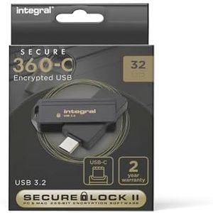 Integral Secure 360-C 32GB Software Encrypted USB Flash Drive - USB-C Connector - 256-bit AES encryption - Compatible with Mac, MacBook, PC, Laptop