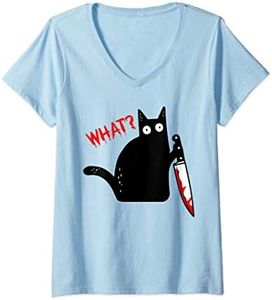 Femme Chat noir meurtrier drôle avec couteau - Chat noir QUOI? T-Shirt avec Col en V