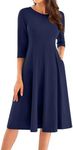 Prime Deals 2024 3/4 Sleeve Midi Dresses for Women 2024 Fashion Solid Color Pleated Dress Casual Plus Size Crewneck Dress with Pockets Navy M 3/4 Sleeve Midi Dresses for Women 2024 Midi Dres