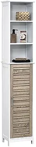 TENDANCE Tall Bathroom Storage Cabinet with Open Shelves and Vented Door, Slim Linen Cabinet for Compact Bathroom Organization, White and Oak Finish - Stockholm Collection