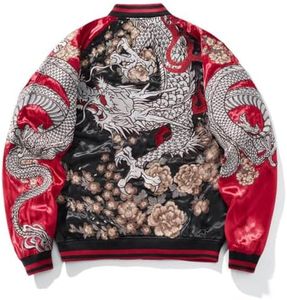Sukajack Dragon Embroidery Bomber Jacket Asian Style Windbreaker Zip Up Vintage Streetwear Casual Motorcycle Coat Red