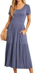 GRECERELLE Womens Summer Maxi Dress Casual Short Sleeve Crew Neck Swing Dress Flowy Tiered Party Dress with Pockets for Weddings, Holidays (Purple Grey, XL)