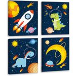 KAIRNE Outer Space Dinosaur Room Decor,Solar System Stars Wall Canvas Poster,Set Of 4 (8X10inch,framed) Planet Astronaut Art Print,Rocket Decor for Boys Room Toddler Kids Room Classroom Space Decor