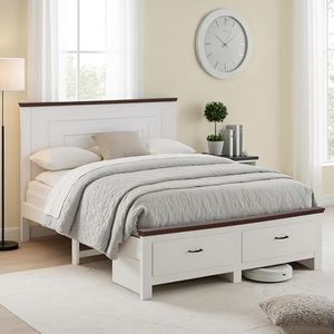 Artiss Double Wooden Bed Frame with 2 Drawer, Platform Bed with 108cm Solid High Headboard, White Bed Base with 21cm Under Bed Storage,Bedframe for Bedroom,14 Sturdy Slats Support, Easy Assembly