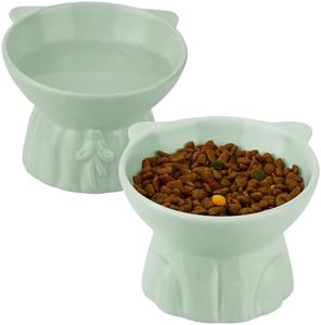 Ceramic Elevated Cat Bowls, 2Pc Extra Wide Raised Cat Bowls for Food and Water, Shallow Cat Food Dish Whisker Friendly, Anti Vomit Cat Bowls Microwave and Dishwasher Safe, Great Height for Cat (Green)