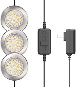 GETINLIGHT 2.5" Wide 3000K Dimmable LED Puck Lights Kit, Plug-in Installation with Recessed or Surface Mounted, Brushed Nickel Finish Over Metal Construction, Set of 3, IN-0113-3-SN