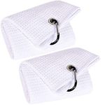 VIVIDLY 2 Pack 16" x 24" Tri-fold Golf Towels, Premium Microfiber Fabric Waffle Pattern with White Heavy Duty Carabiner Clip, Orange Golf Towels for Golf Bags for Men (White)