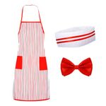 1950s Waiter Costume Kit, Soda Jerk Costume Includes Red and White Striped Apron Chef Hat Bow Tie Carnival Costume for Adult Movie Night Cosplay Party