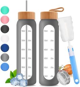 32oz Glass Water Bottle with Time Marker - 1000ml Large Motivational Water Bottle with 2 Bamboo Lids, Sealed & Straw Hole, 1L Bottle for Fitness with Stainless Steel Straw & Silicone Case (Gray)