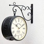 Vintage Clock Handcrafted Metal Jali Design Double Side Roman Numbers Railway (Station) Analog Clock (10 Inches Size, Black)