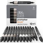 Winsor & Newton, Promarker Brush, Neutral Tones, Set of 12 + 1 Blender, Alcohol Based Dual Tip Markers