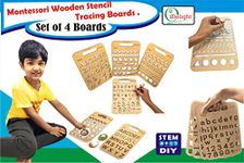 OiDelight Montessori Wooden Stencil Boards Set of 4. Tracing Kit for Alphabet Letters, Shapes, Numbers, Patterns, Lines, Zig-Zags, Waves, Spirals and Shapes, Large and Small Letters.