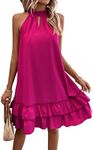 SweatyRocks Women's Sleeveless Tie Back Halter Dress Mini Swing Pleated A-line Skater Dress Bright Pink L