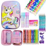 PLUSPOINT Canvas 45Pc Cute Unicorn Stationary Set 3D Eva Pencil Case Organizer With 10 Hb Pencils, 12 Twist Cryon, 5 Gel Pens, Color Book, 12 Color Pencils For Kids School Supply, Multicolor