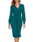 Zattcas Women 2024 Long Sleeve Fall Dress Wrap Vneck Business Casual Work Teacher Church Knit Midi Dresses, Teal, M