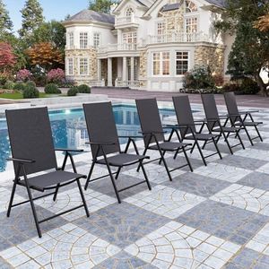 PHI VILLA Outdoor Patio Folding Chairs Set of 6, Portable Patio Dining Chairs with Adjustable Backrest for Outside, Garden, Lawn & Yard, No Assembly, Black