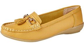 Jo & Joe Women Leather Flat Loafer Ladies Casual Comfy Slider Low Wedge Heel Work Shoes (Mustard, Numeric_6)