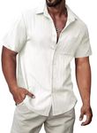 JMIERR Men's Short Sleeve Cotton Textured T-Shirts Button Up Shirts Spring Casual Hawaiian Shirts Business Dress Shirts Beach Shirt Old Money Clothes for Men A White Large