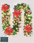 Christmas Garland with Lights, 2.7m/9ft Rattan Christmas Garland Decorations, Artificial Flower Vine Plants Christmas Pre Lit Garland, Xmas Wreath Ball Ornaments for Stairs, Fireplace, Home, Outdoor