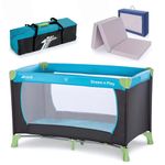 Hauck Dream n Play Travel Cot Set with Mattress – Foldable Baby Travel Bed with Breathable Mesh Sides & Carry Bag – Portable Cot for Newborns and Toddlers up to 3 Years - Waterblue