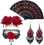 Halloween Flamenco Accessories,Women Rose Flower Hair Clip,Embroidered Sequins Fabric Handheld Folding Fan,Flower Choker and Earrings for Flamenco Dancer Costume Accessories Halloween Cosplay Party