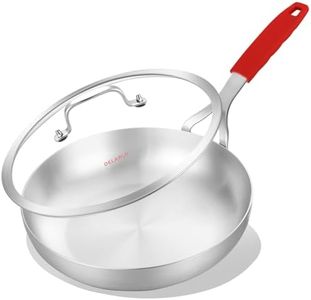 DELARLO Whole body Tri-Ply Stainless Steel 12 Inch Frying Pan With Lid, kitchen large Skillet Suitable for All Stove