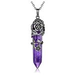 JSDDE Vintage Silver Flower Wrapped Natural Amethyst Healing Crystal Pendant Necklace