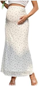 MakeMeChic Women's Maternity Fall Boho Floral Skirt High Waisted Ruched Fishtail Pregnancy Maxi Skirts White X-Large