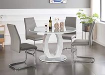 Furniturebox UK Giovani Modern Grey/White High Gloss and Glass Large Round Dining Table and 4/6 Modern Lorenzo Chairs Set (Dining Table + Elephant Grey Lorenzo, 4 Chairs)