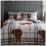 GC GAVENO CAVAILIA Breathable Highland Cow Bedding Set, Checkered Animal Single Duvet Cover With Matching Pillowcase, Soft & Cosy Farmhouse Quilt Covers Bedset, Grey