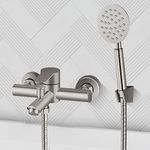 brassqueen Brushed Nickel Bathroom Tub Faucet Wall Mount Stainless Steel Diverter Switches Single Lever Handle Bathroom Tub Faucet Bathtub Shower Faucet with Handheld Sprayer Bath Shower Mixer Tap