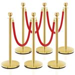 6PCS Stanchion Post, Crowd Control Barriers, 5 ft Red Velvet Rope Red Carpet Ropes and Poles, Stainless Steel Gold Stanchions Used for Theaters, Parties, Wedding, Exhibition