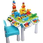 burgkidz 5-in-1 Multi Activity Play Table Set with Storage Includes 1 Chair and 128 Pieces Compatible Large Bricks Building Blocks for Kids Ages 2 and Up, Blue