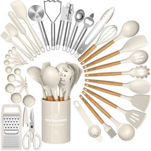 Umite Chef Cooking Utensils Set- Khaki Silicone Kitchen Utensils Set, 34PCS Heat Resistant Kitchen Gadgets Tools Set with Grater, Wooden Handle Kitchen Utensil Spatula Set for Nonstick Cookware