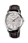 Casio #MTP1381L-7AV Men's Classic Leather Band 50M Day Date Silver Dial Watch