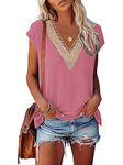 RANPHEE Womens Tops Pink Summer Cap Sleeve Casual Sexy Lace V Neck T Shirts Loose Fit Cute Tank Tops Ladies Going Out 2024 Basic Tops L