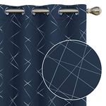 Deconovo Silver Foil Geometric Line Print Blackout Curtains 63 Inch Length Room Darkening Thermal Insulated Drapes for Bedroom Living Room - 2 Panels, Each 52x108 in, Navy Blue