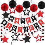 meowtastic Red and Black Birthday Decorations - Happy Birthday Banner with Honeycomb Ball, Star Hanging Swirl Streamer, Circle Dot Garland Decroations - Birthday Party Decorations for Women Girls Men