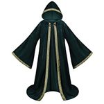 maxToonrain Mystic Wizard Robe Full Length Hooded Velvet Cloak Wide Sleeve Style Adult Medieval Retro Vintage Renaissance Costume Fancy Dress for Halloween Masquerade (Green-142cm)